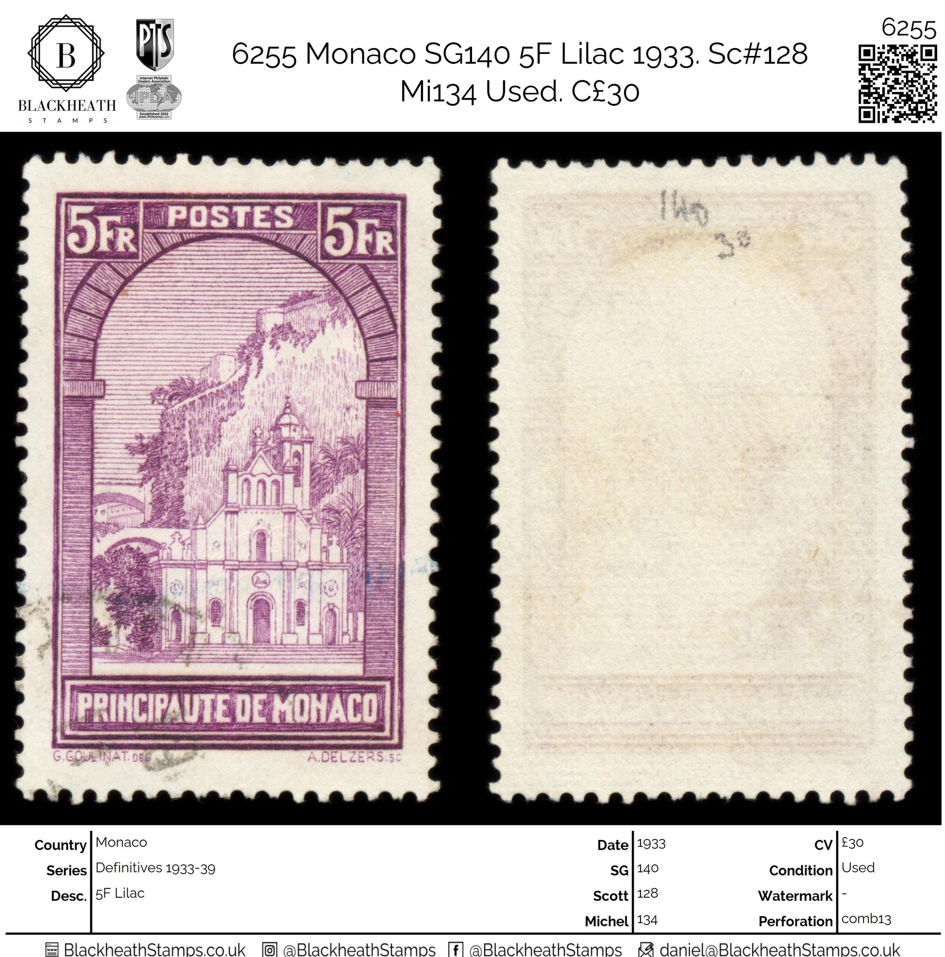 6255 Monaco SG140 5F Lilac 1933. Sc#128 Mi134 Used. C£30