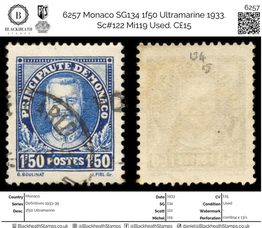 6257 Monaco SG134 1f50 Ultramarine 1933. Sc#122 Mi119 Used. C£15