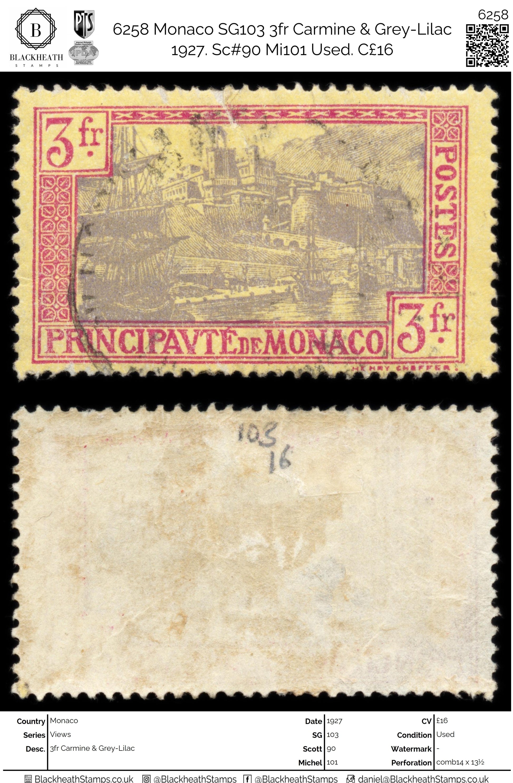 6258 Monaco SG103 3fr Carmine & Grey-Lilac 1927. Sc#90 Mi101 Used. C£16