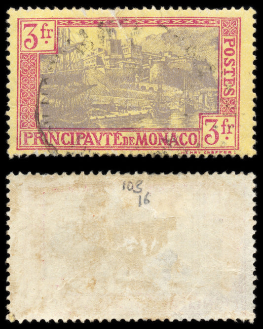 6258 Monaco SG103 3fr Carmine & Grey-Lilac 1927. Sc#90 Mi101 Used. C£16