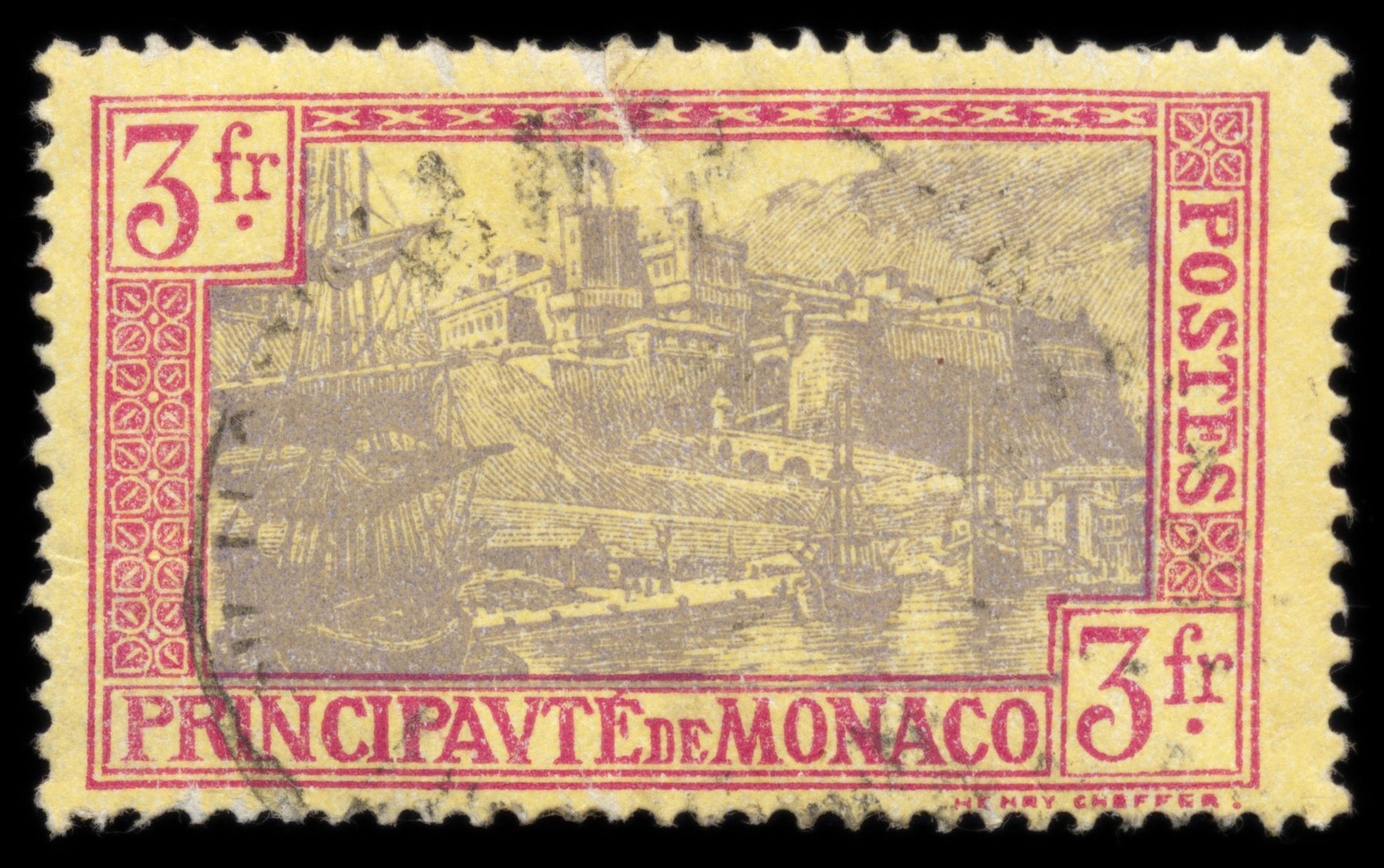 6258 Monaco SG103 3fr Carmine & Grey-Lilac 1927. Sc#90 Mi101 Used. C£16