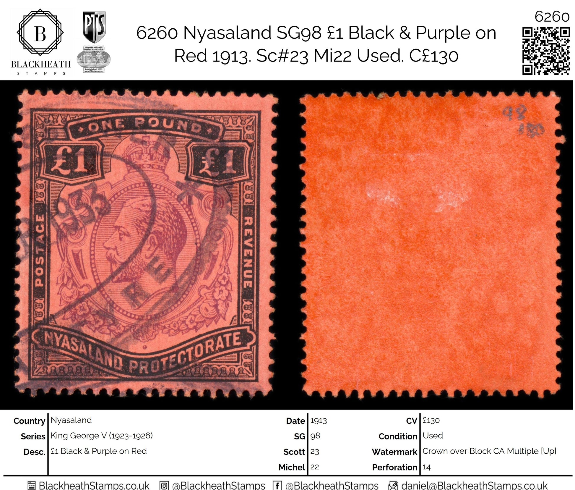 6260 Nyasaland SG98 £1 Black & Purple on Red 1913. Sc#23 Mi22 Used. C£130