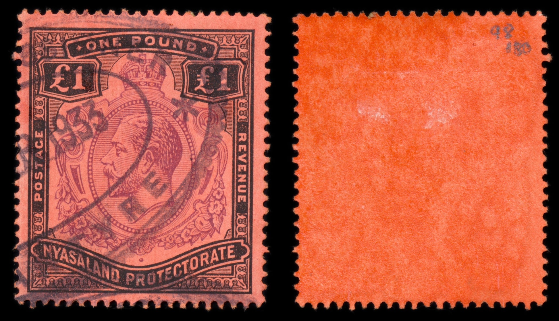 6260 Nyasaland SG98 £1 Black & Purple on Red 1913. Sc#23 Mi22 Used. C£130