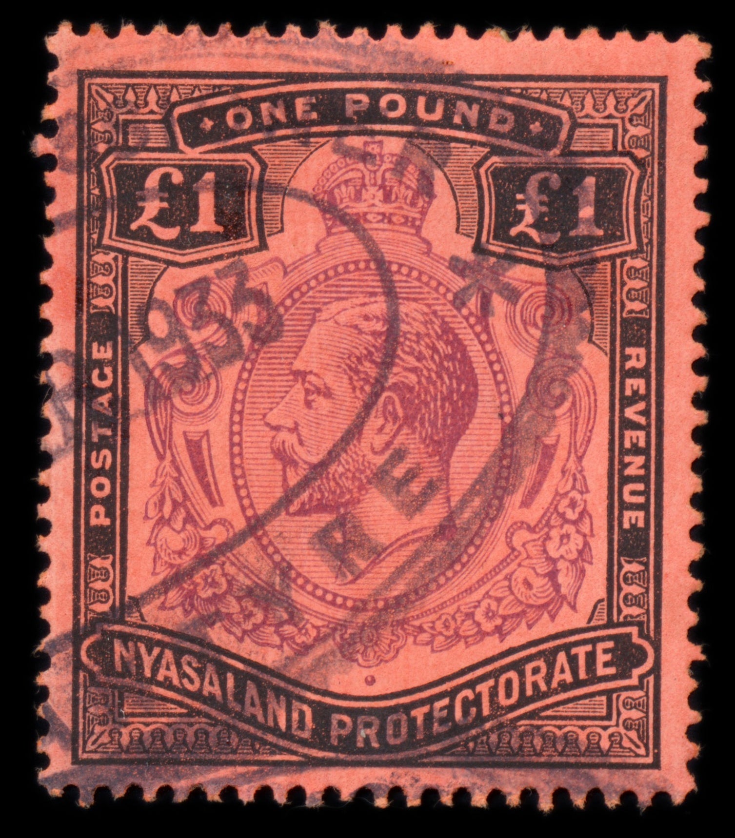 6260 Nyasaland SG98 £1 Black & Purple on Red 1913. Sc#23 Mi22 Used. C£130