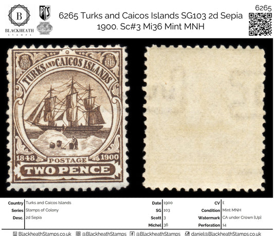 6265 Turks and Caicos Islands SG103 2d Sepia 1900. Sc#3 Mi36 Mint MNH