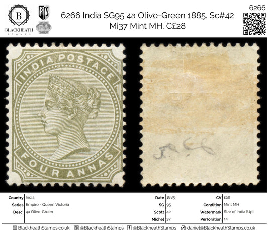 6266 India SG95 4a Olive-Green 1885. Sc#42 Mi37 Mint MH. C£28