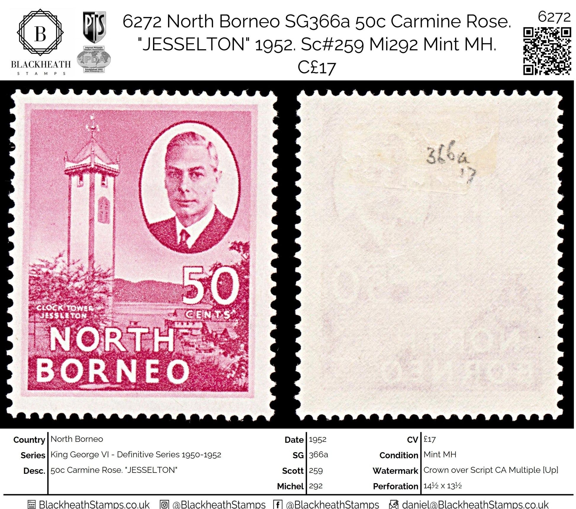 6272 North Borneo SG366a 50c Carmine Rose. "JESSELTON" 1952. Sc#259 Mi292 Mint MH. C£17