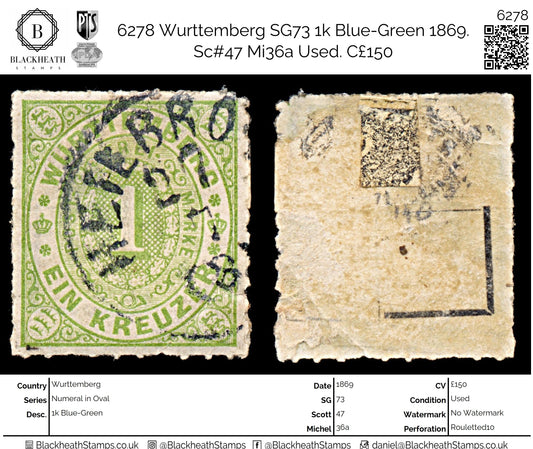 6278 Wurttemberg SG73 1k Blue-Green 1869. Sc#47 Mi36a Used. C£150