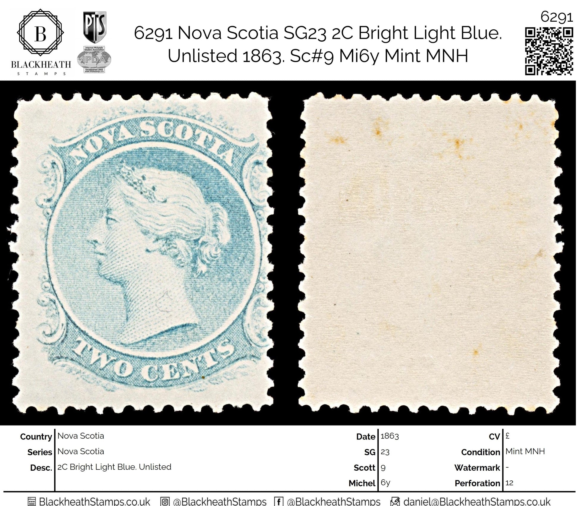 6291 Nova Scotia SG23 2C Bright Light Blue. Unlisted 1863. Sc#9 Mi6y Mint MNH