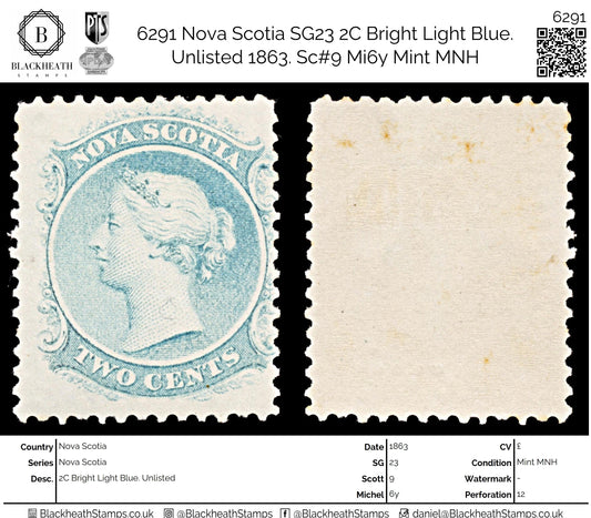 6291 Nova Scotia SG23 2C Bright Light Blue. Unlisted 1863. Sc#9 Mi6y Mint MNH