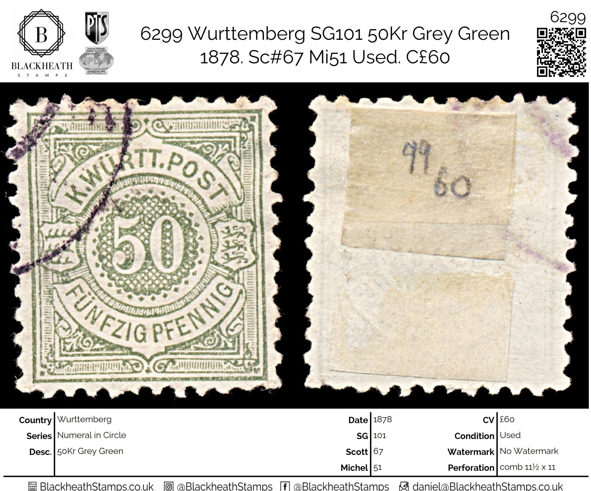 6299 Wurttemberg SG101 50Kr Grey Green 1878. Sc#67 Mi51 Used. C£60