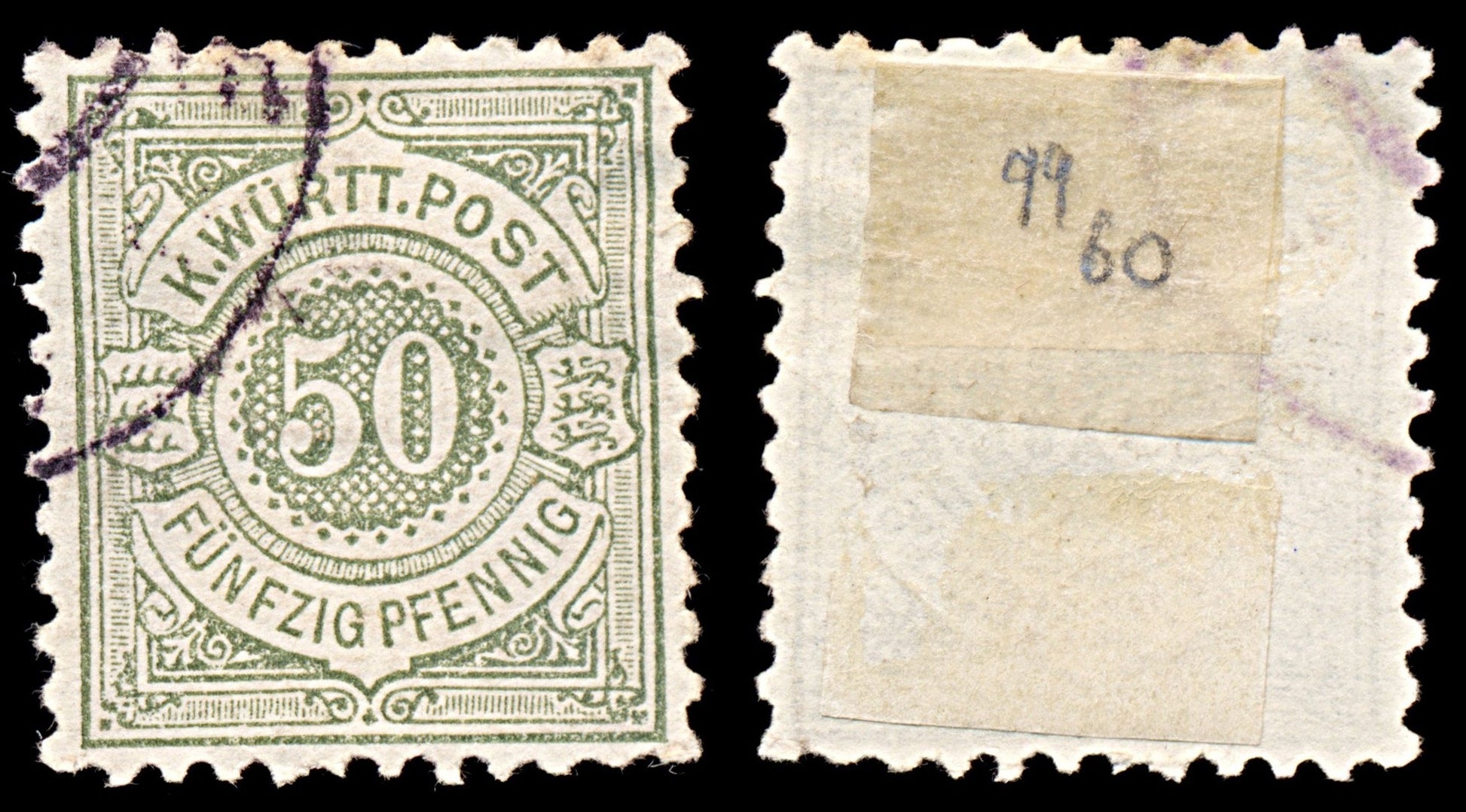 6299 Wurttemberg SG101 50Kr Grey Green 1878. Sc#67 Mi51 Used. C£60