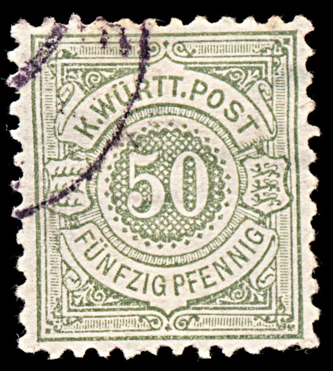 6299 Wurttemberg SG101 50Kr Grey Green 1878. Sc#67 Mi51 Used. C£60