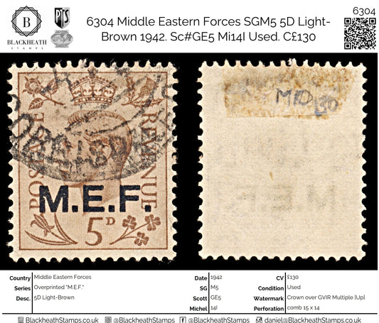 6304 Middle Eastern Forces SGM5 5D Light-Brown 1942. Sc#GE5 Mi14I Used. C£130