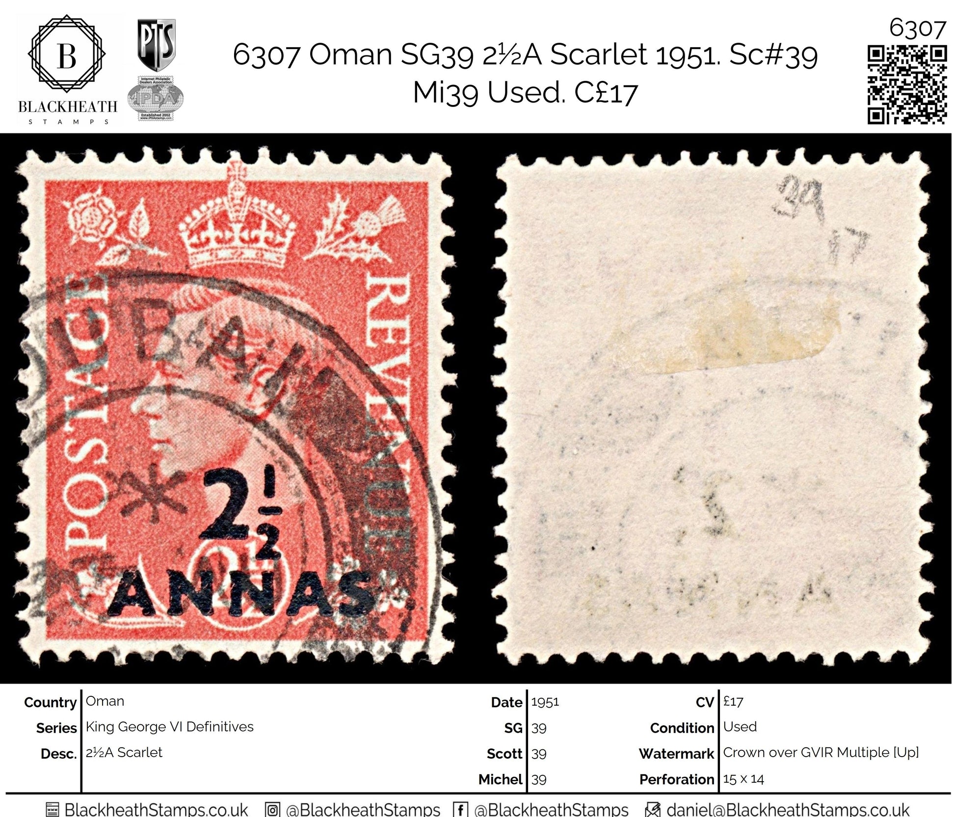 6307 Oman SG39 2½A Scarlet 1951. Sc#39 Mi39 Used. C£17