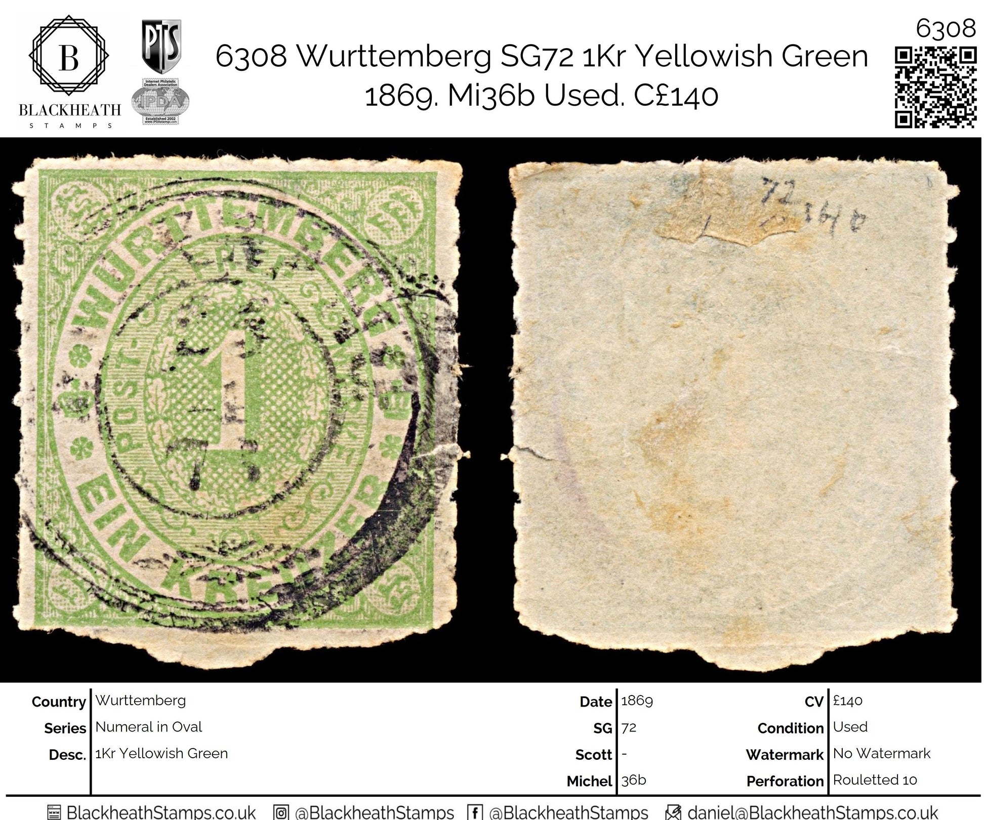 6308 Wurttemberg SG72 1Kr Yellowish Green 1869. Mi36b Used. C£140