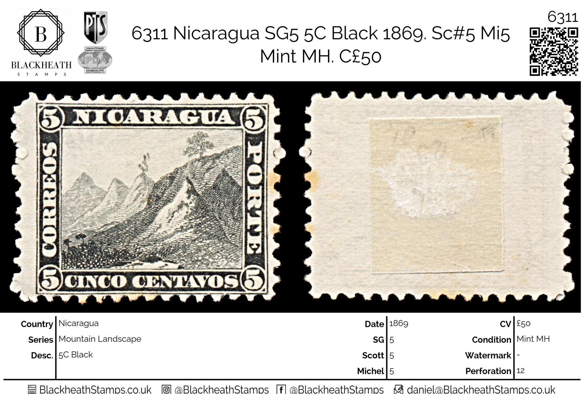 6311 Nicaragua SG5 5C Black 1869. Sc#5 Mi5 Mint MH. C£50