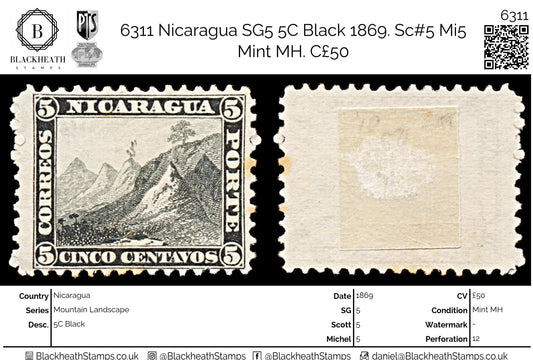 6311 Nicaragua SG5 5C Black 1869. Sc#5 Mi5 Mint MH. C£50