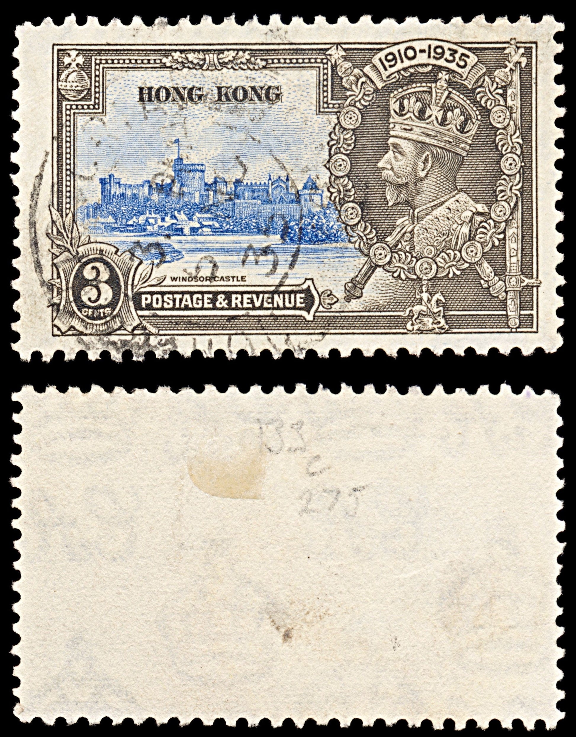 6330 Hong Kong SG133c 3C Grey & Blue. Double Flagstaff Flaw 1935. Sc#147 Mi132 Used. C£275