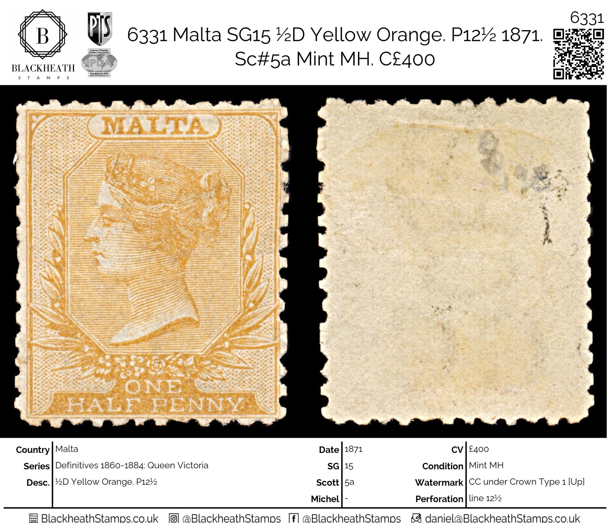 6331 Malta SG15 ½D Yellow Orange. P12½ 1871. Sc#5a Mint MH. C£400