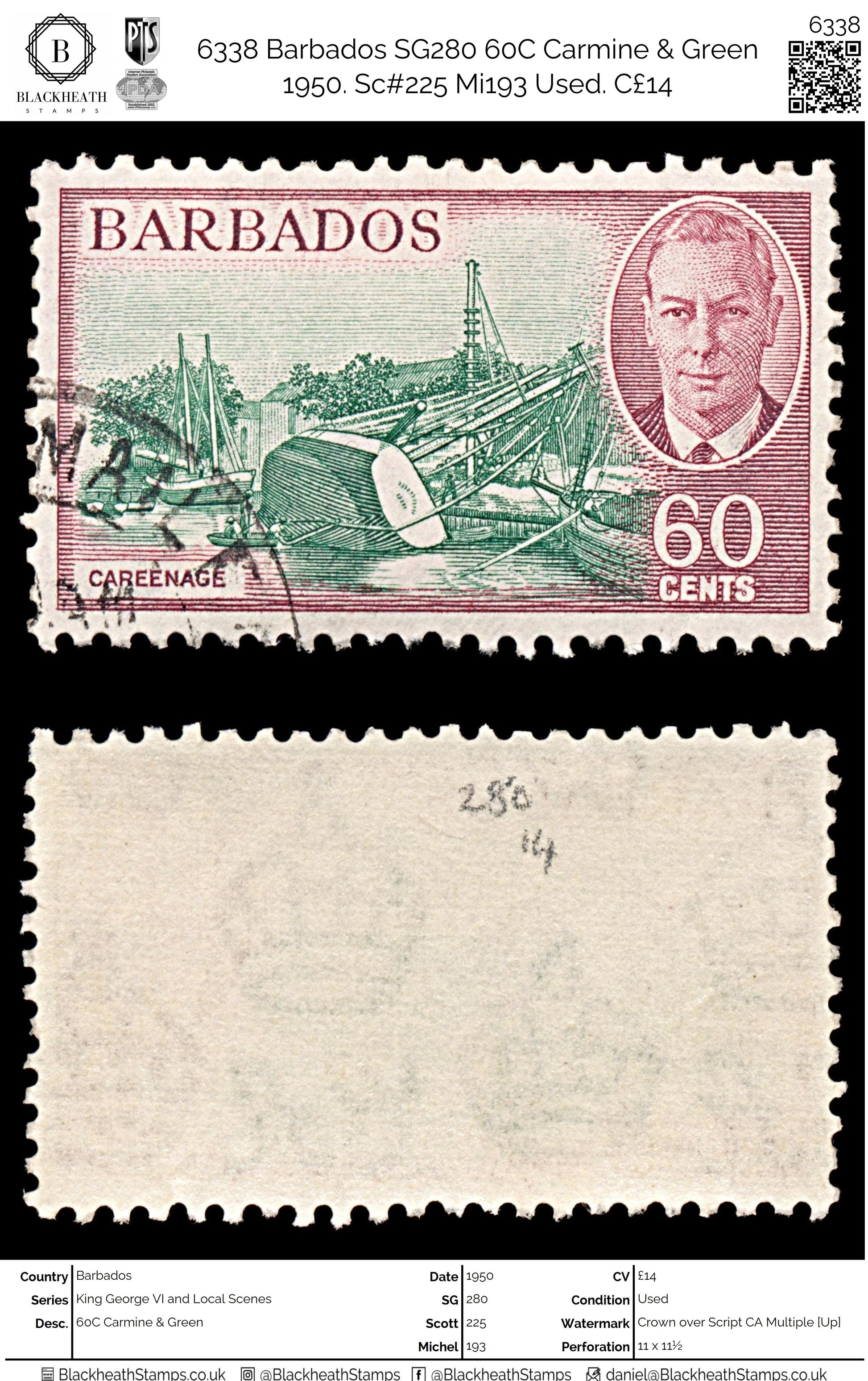 6338 Barbados SG280 60C Carmine & Green 1950. Sc#225 Mi193 Used. C£14