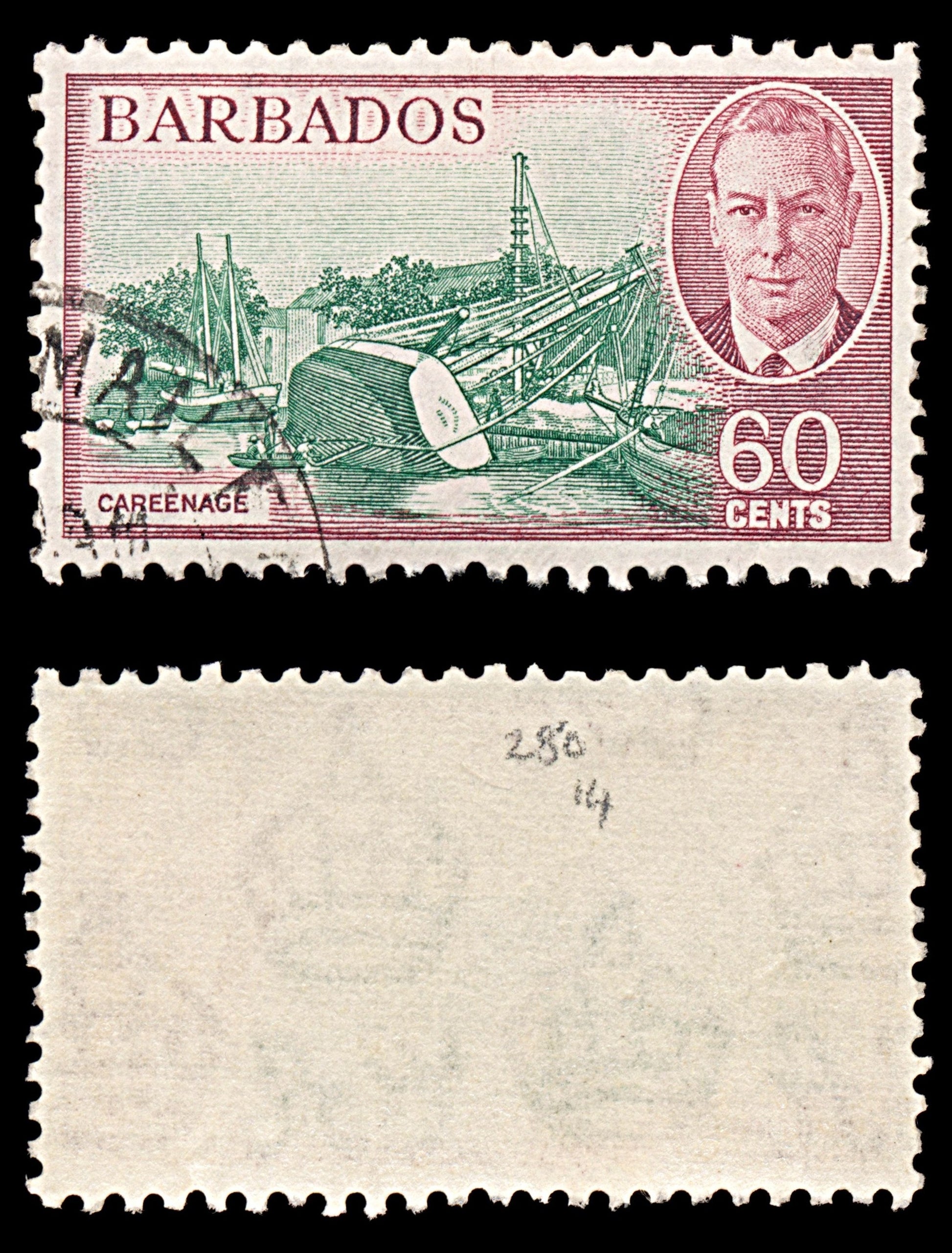 6338 Barbados SG280 60C Carmine & Green 1950. Sc#225 Mi193 Used. C£14