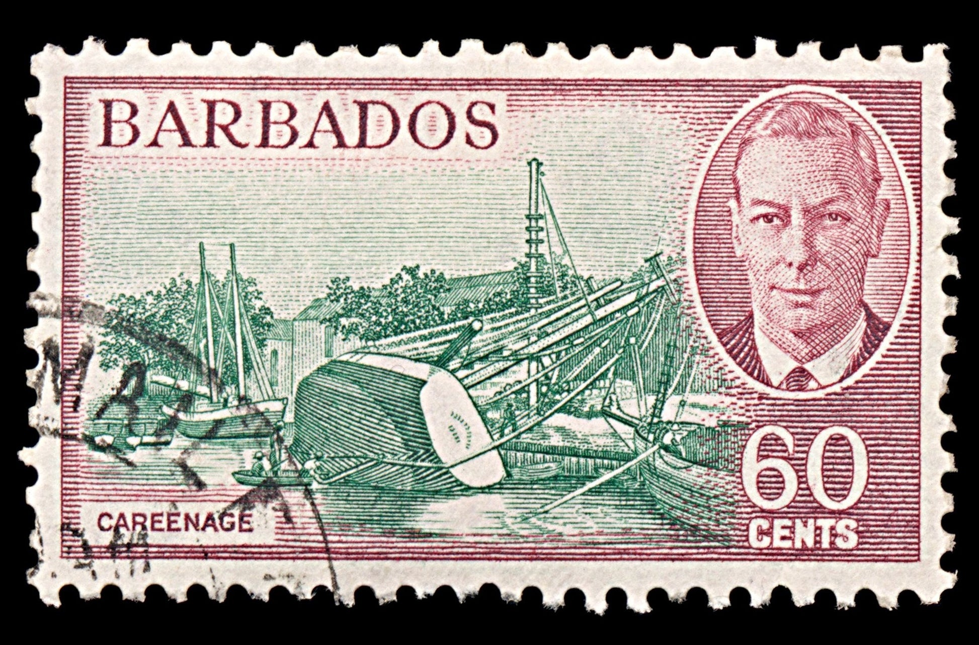 6338 Barbados SG280 60C Carmine & Green 1950. Sc#225 Mi193 Used. C£14