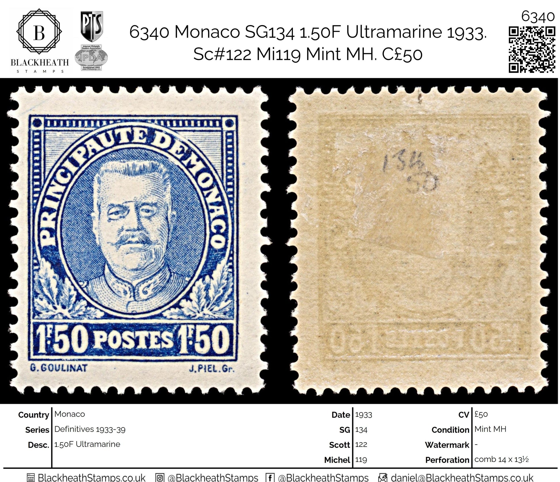 6340 Monaco SG134 1.50F Ultramarine 1933. Sc#122 Mi119 Mint MH. C£50