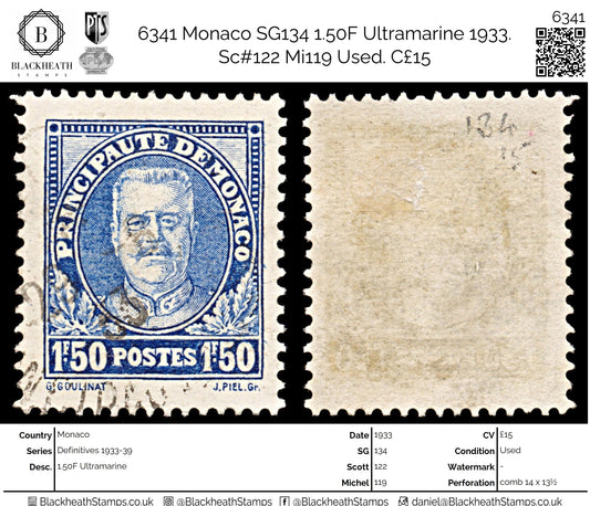 6341 Monaco SG134 1.50F Ultramarine 1933. Sc#122 Mi119 Used. C£15