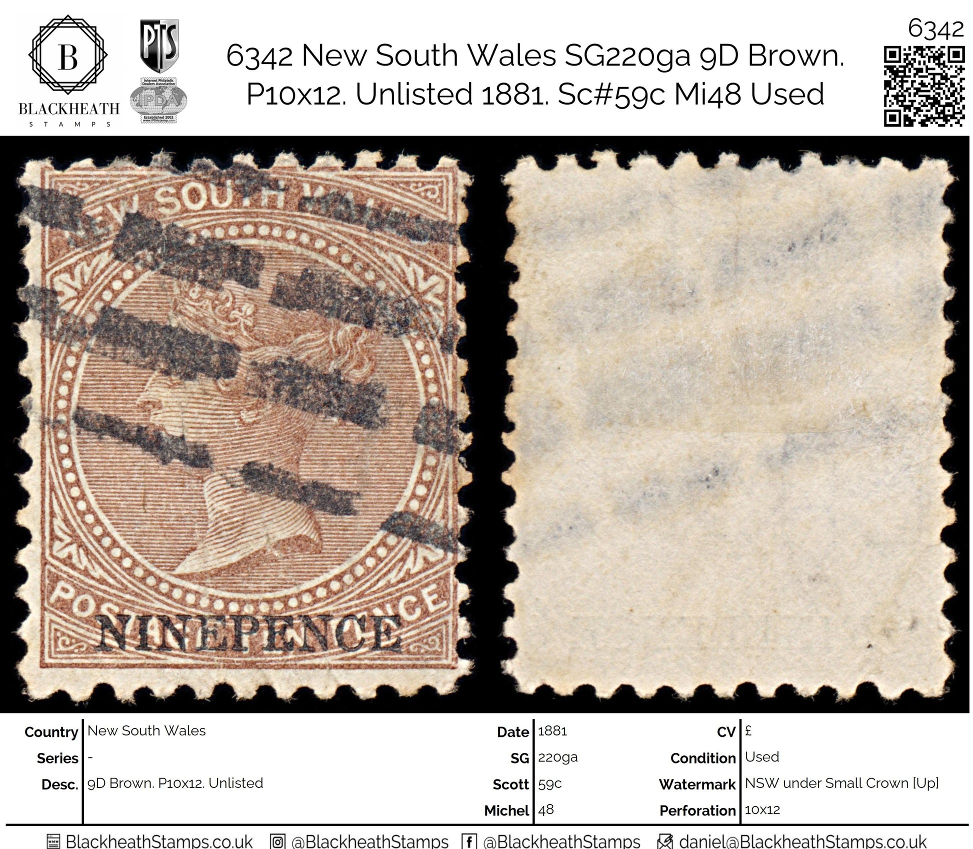 6342 New South Wales SG220ga 9D Brown. P10x12. Unlisted 1881. Sc#59c Mi48 Used