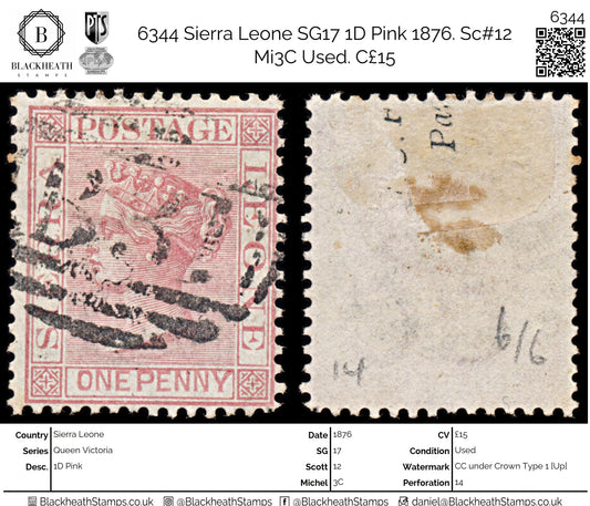 6344 Sierra Leone SG17 1D Pink 1876. Sc#12 Mi3C Used. C£15