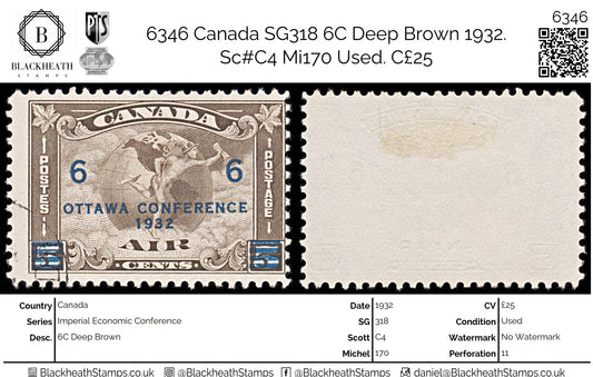 6346 Canada SG318 6C Deep Brown 1932. Sc#C4 Mi170 Used. C£25