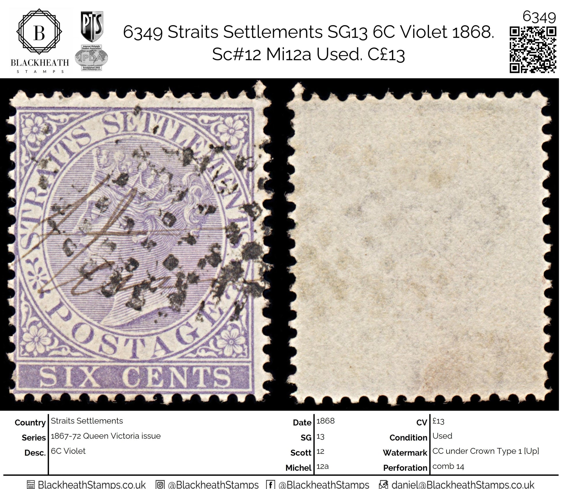 6349 Straits Settlements SG13 6C Violet 1868. Sc#12 Mi12a Used. C£13