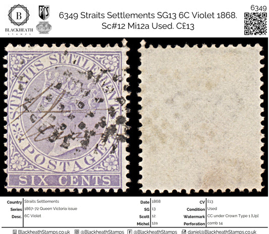 6349 Straits Settlements SG13 6C Violet 1868. Sc#12 Mi12a Used. C£13