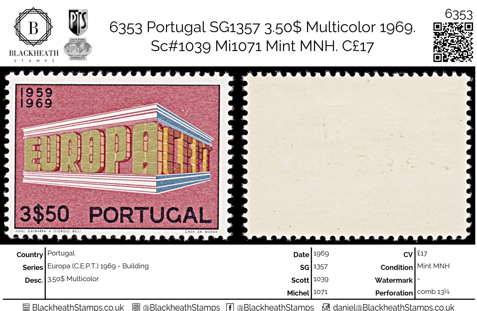 6353 Portugal SG1357 3.50$ Multicolor 1969. Sc#1039 Mi1071 Mint MNH. C£17