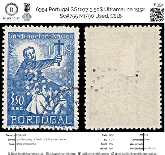 6354 Portugal SG1077 3.50$ Ultramarine 1952. Sc#755 Mi790 Used. C£18