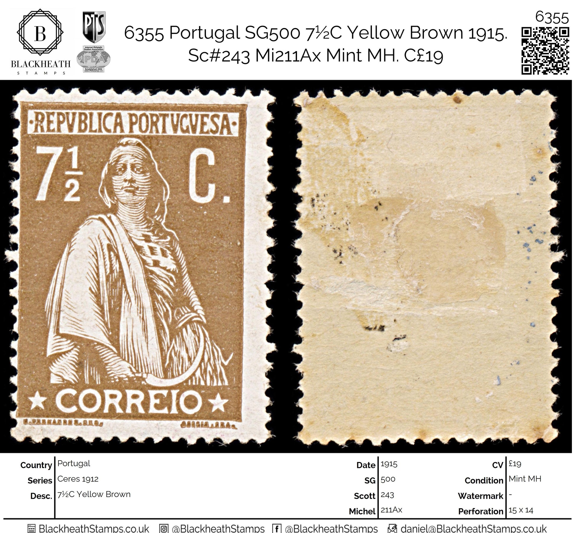 6355 Portugal SG500 7½C Yellow Brown 1915. Sc#243 Mi211Ax Mint MH. C£19