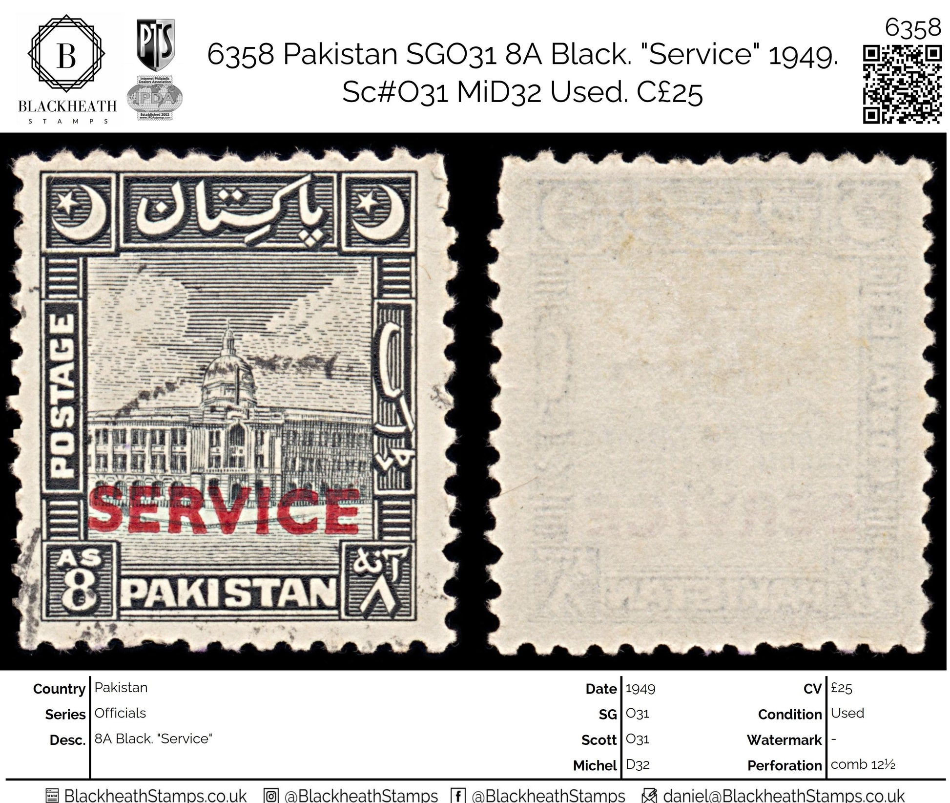 6358 Pakistan SGO31 8A Black. "Service" 1949. Sc#O31 MiD32 Used. C£25