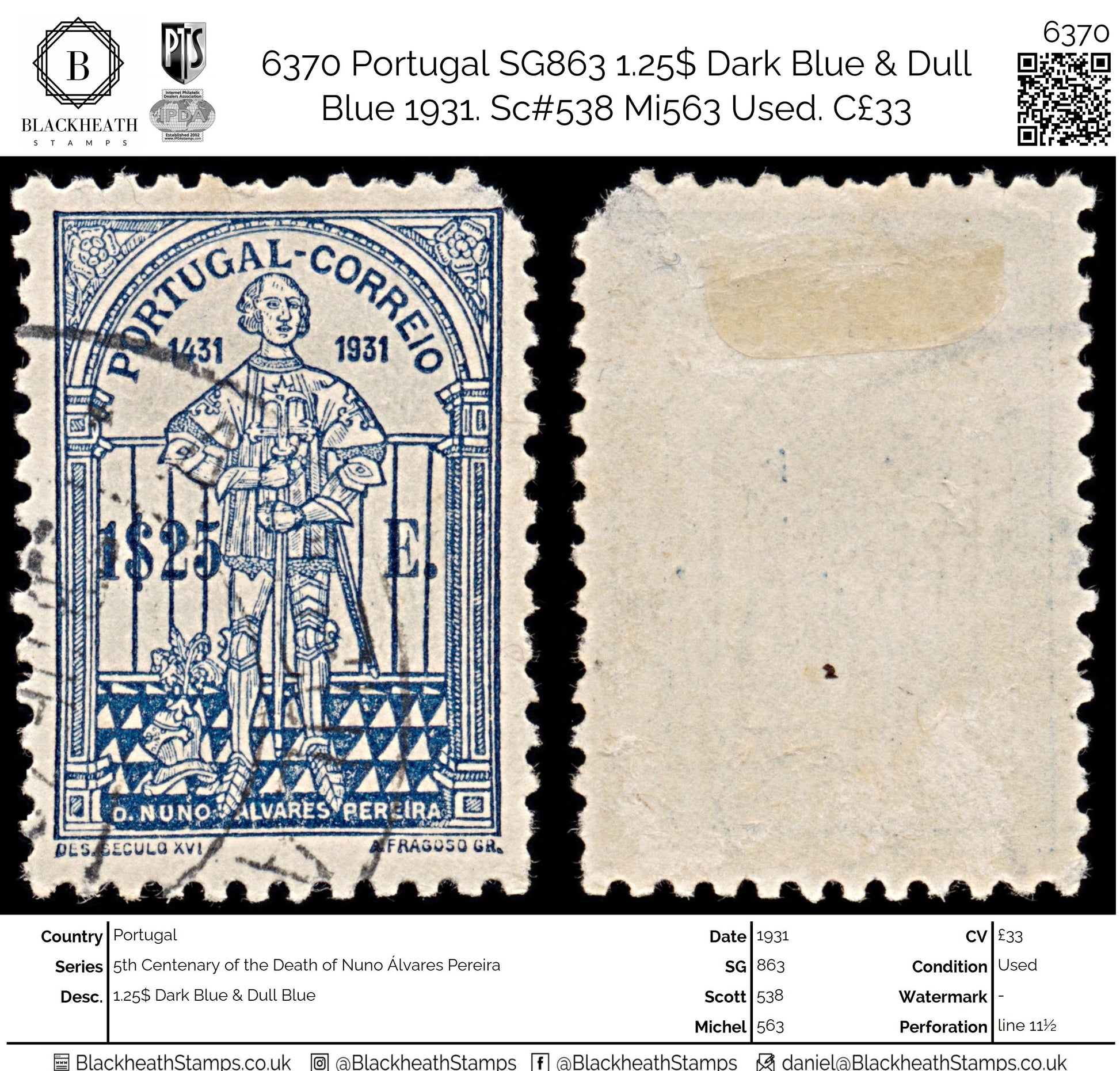 6370 Portugal SG863 1.25$ Dark Blue & Dull Blue 1931. Sc#538 Mi563 Used. C£33