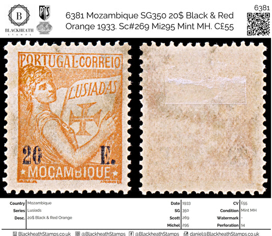 6381 Mozambique SG350 20$ Black & Red Orange 1933. Sc#269 Mi295 Mint MH. C£55