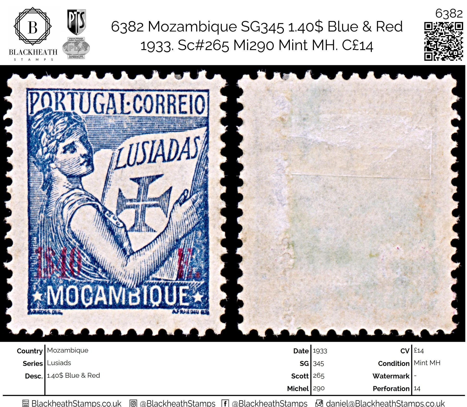 6382 Mozambique SG345 1.40$ Blue & Red 1933. Sc#265 Mi290 Mint MH. C£14