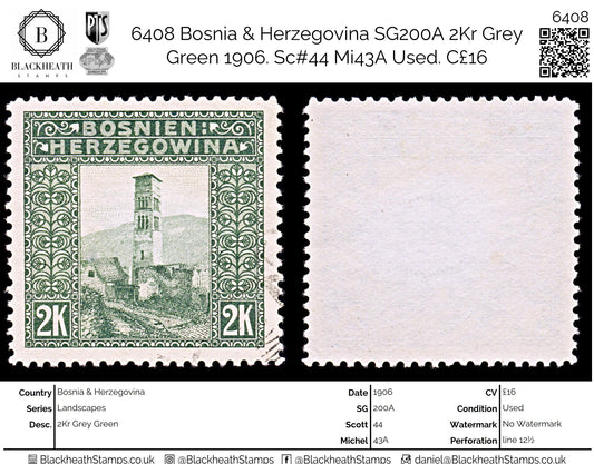 6408 Bosnia & Herzegovina SG200A 2Kr Grey Green 1906. Sc#44 Mi43A Used. C£16