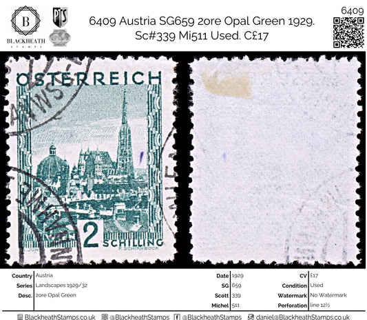 6409 Austria SG659 2ore Opal Green 1929. Sc#339 Mi511 Used. C£17