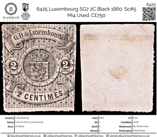 6425 Luxembourg SG7 2C Black 1860. Sc#5 Mi4 Used. C£750