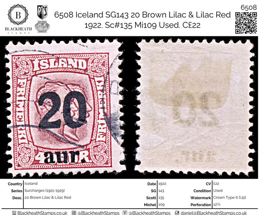 6508 Iceland SG143 20 Brown Lilac & Lilac Red 1922. Sc#135 Mi109 Used. C£22