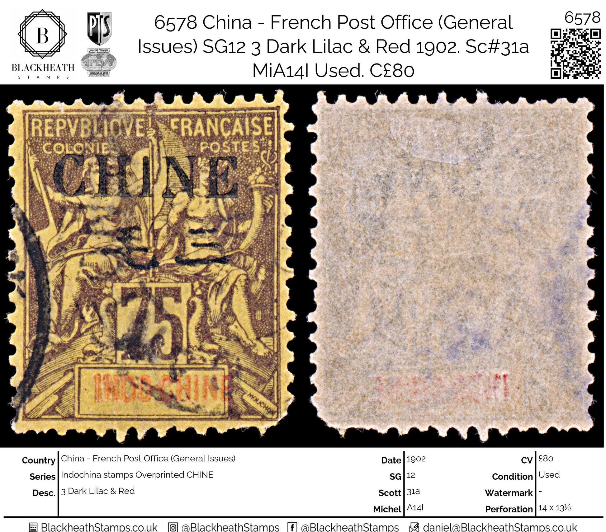 6578 Franch PO in China SG12 3 Dark Lilac & Red 1902. Sc#31a MiA14I Used. C£80