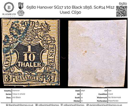 6580 Hanover SG17 1⁄10 Black 1856. Sc#14 Mi12 Used. C£90