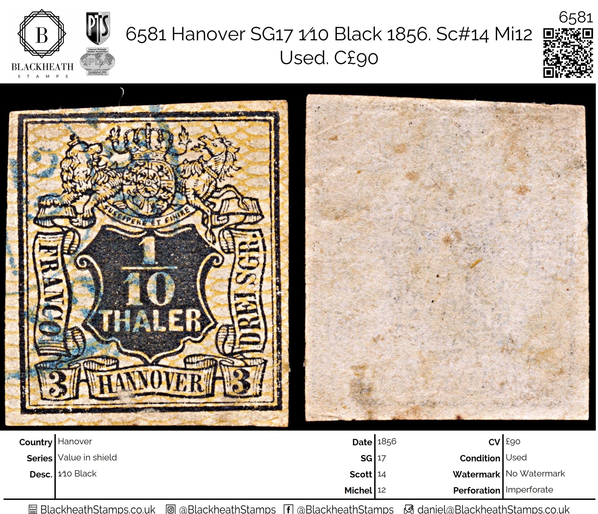 6581 Hanover SG17 1⁄10 Black 1856. Sc#14 Mi12 Used. C£90