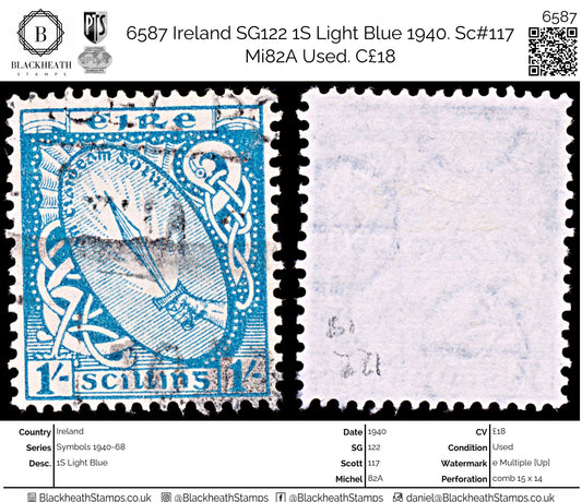 6587 Ireland SG122 1S Light Blue 1940. Sc#117 Mi82A Used. C£18