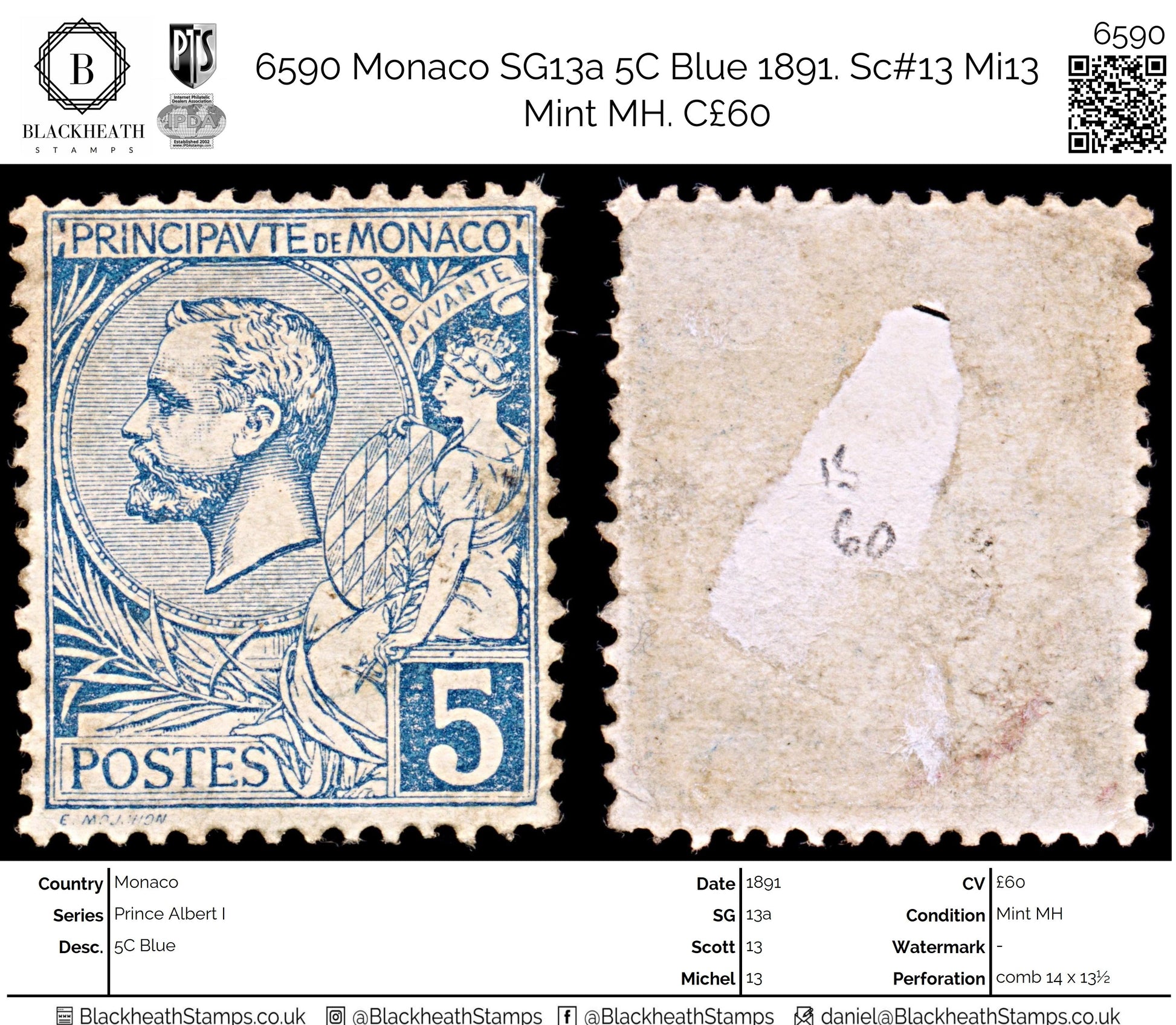 6590 Monaco SG13a 5C Blue 1891. Sc#13 Mi13 Mint MH. C£60